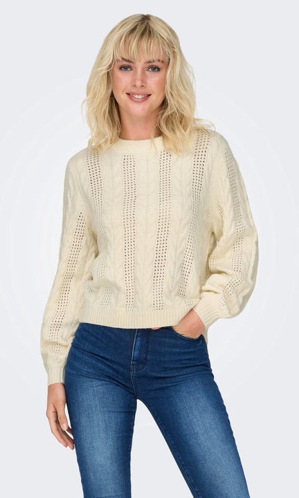 Pulover tricotat cu maneca Only, Tricotat, Viscoza, Crem, Crem