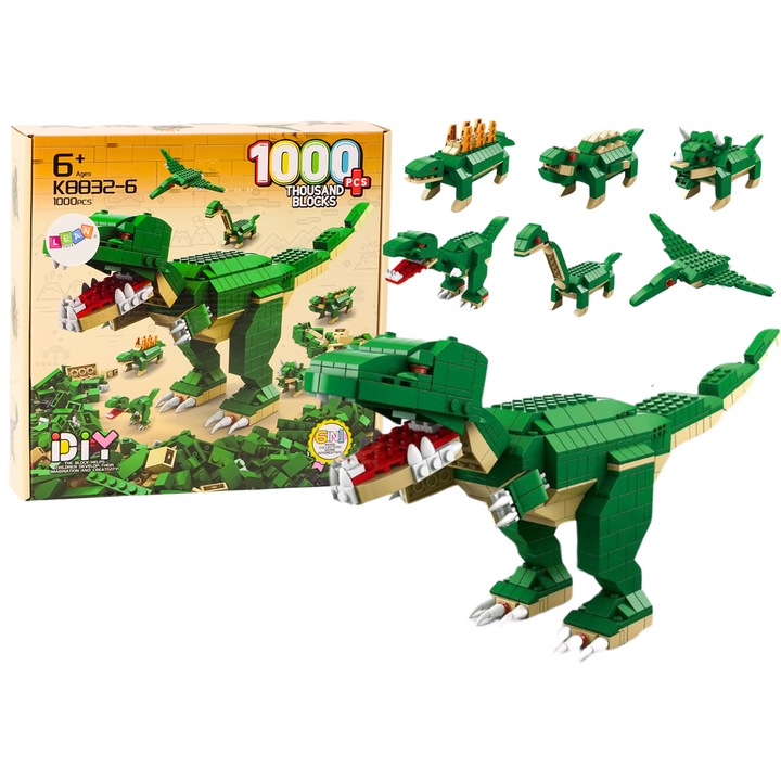 Конструктор Динозавър 6 в 1, LEAN TOYS, 1000 части, зелен, 28x28x6 см