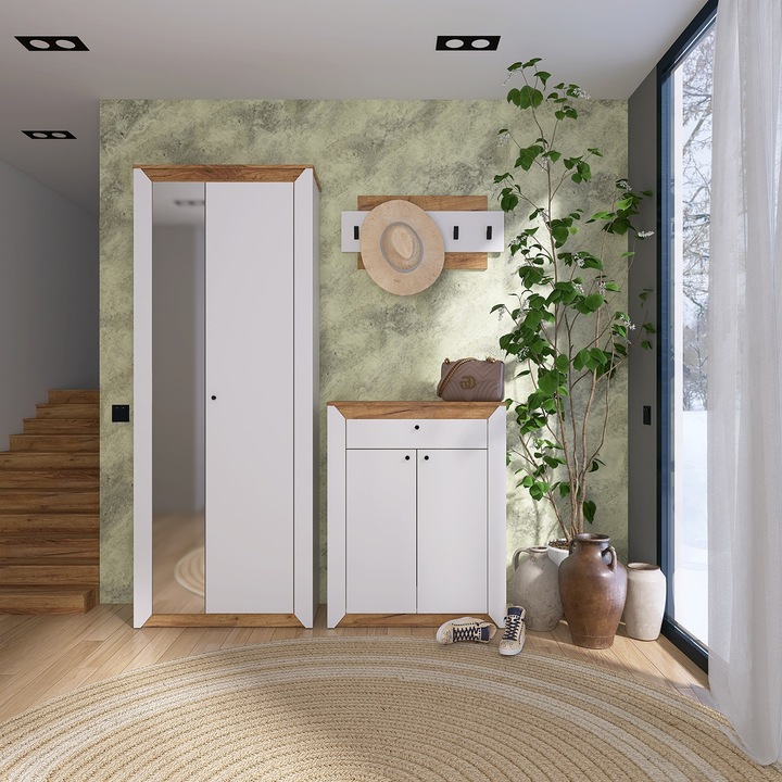 Mobilier hol Nordic-5, Everest, PAL, 160 х 38 х 205 cm, Stejar kraft auriu, alb