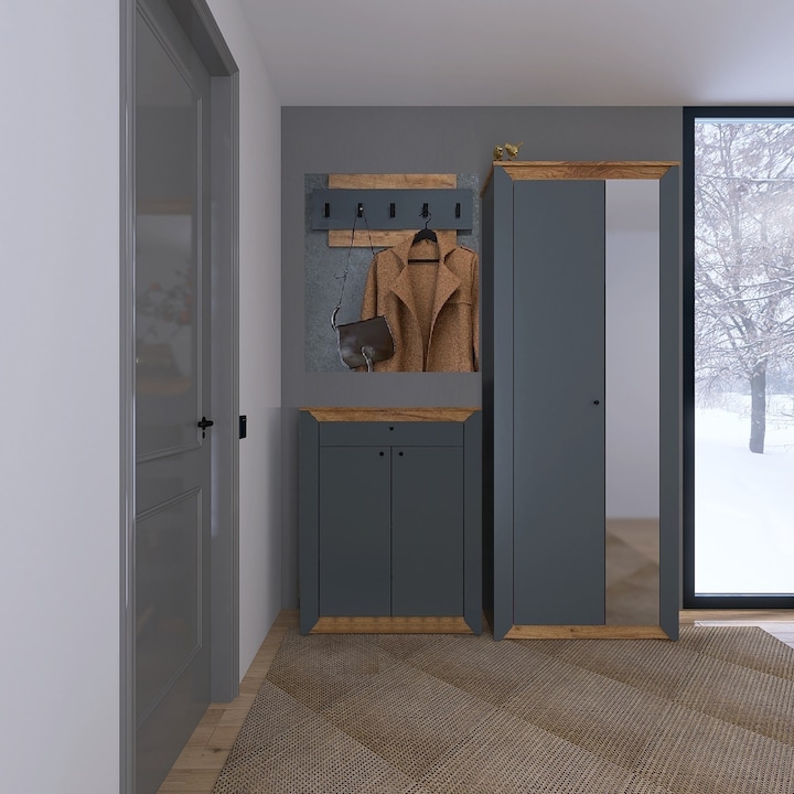 Mobilier hol Nordic-5, Everest, PAL, 160 х 38 х 205 cm, Stejar kraft auriu, grafit