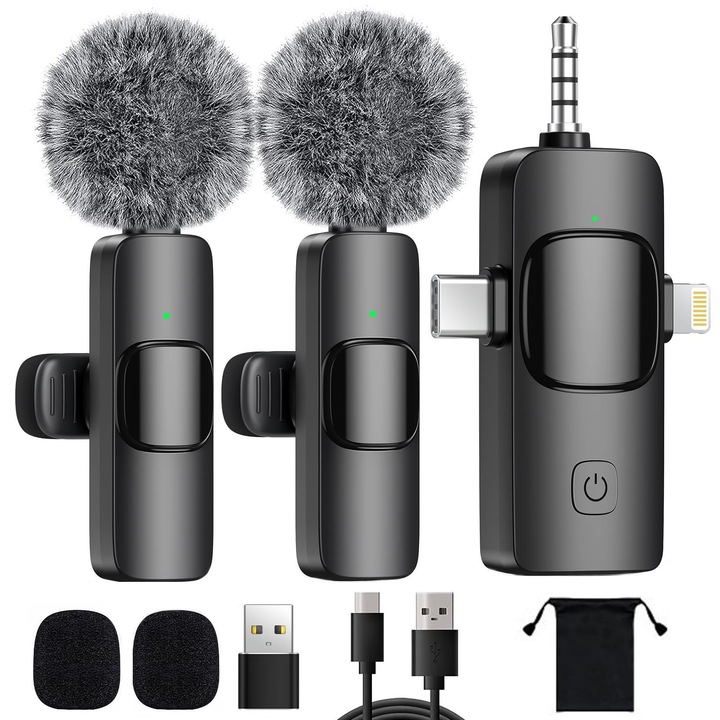 2 db Lavaliera mikrofon készlet 4 az 1-ben, vezeték nélküli, Plug and play, MorFansi®, zajkorlátozó funkció, iPhone-hoz Samsung Huawei Xiaomi laptop kamerás videorögzítés, Android és iOS rendszerrel kompatibilis, fekete