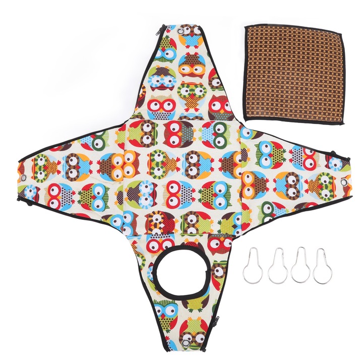 Hamac pentru animale mici, Enforose, design cu bufnita, material canvas si rattan, cu 4 carlige, dimensiuni 1xHamac, 1xPad.