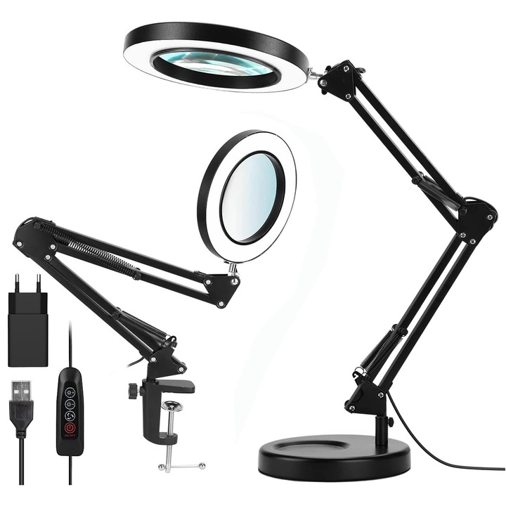 LED настолна лампа, BYONDSELF, с щипка/основа, функция за лупа, 3 цветни температури 3000k-6000k, 10 нива на интензитет, с адаптер, сгъваема, 36W, подходяща за четене, рисуване, ремонт, черна