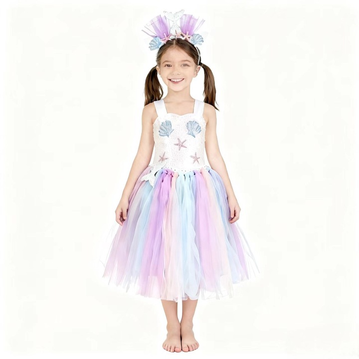 Costum carnaval Cosplay model sirena, ANUTETOUNI®, Printesa Ariel, Disney, Cu Accesorii, Craciun, Halloween, Ziua Copilului, Poliester/Tul, Albastru, 2-3 ani, 100 cm ﻿