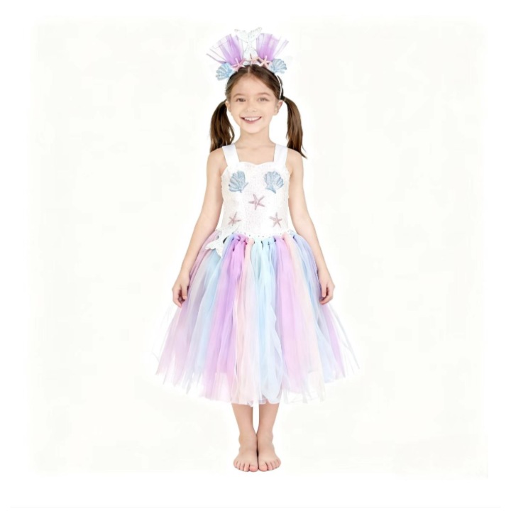 Costum carnaval Cosplay model sirena, ANUTETOUNI®, Printesa Ariel, Disney, Cu Accesorii, Craciun, Halloween, Ziua Copilului, Poliester/Tul, Albastru, 5-6 ani, 120 cm