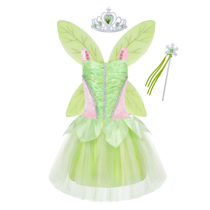 Costum paiete Rubies Disney Princess, ANUTETOUNI®, Tinker Bell Elf, Clopotica, carnaval Cosplay, Ziua Copilului, Craciun, cu aripi de fluture si accesorii, verde, 11 -12 ani, XL ﻿