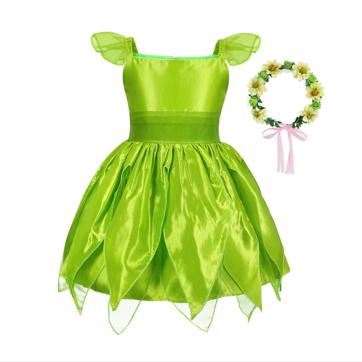 Tinker Bell ruha gyerekeknek, fejpánt és pálca szett pillangókkal, Tinker Bell és Peter Pan, ANUTETOUNI, 7-8 év, 130 cm, zöld