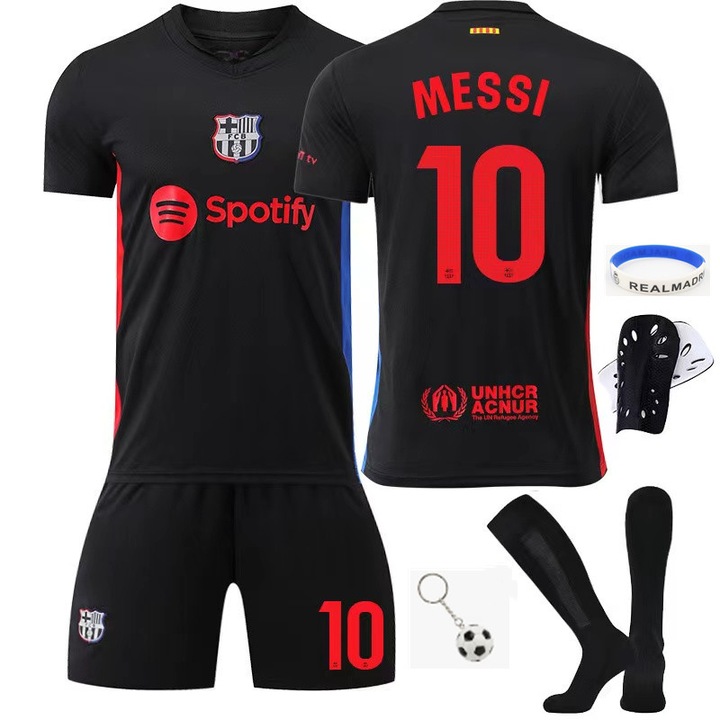 Echipament sportiv copii Barcelona Messi Tricou Fotbal Jersey 2024/ 2025, ANUTETOUNI®, Poliester, Negru, Negru