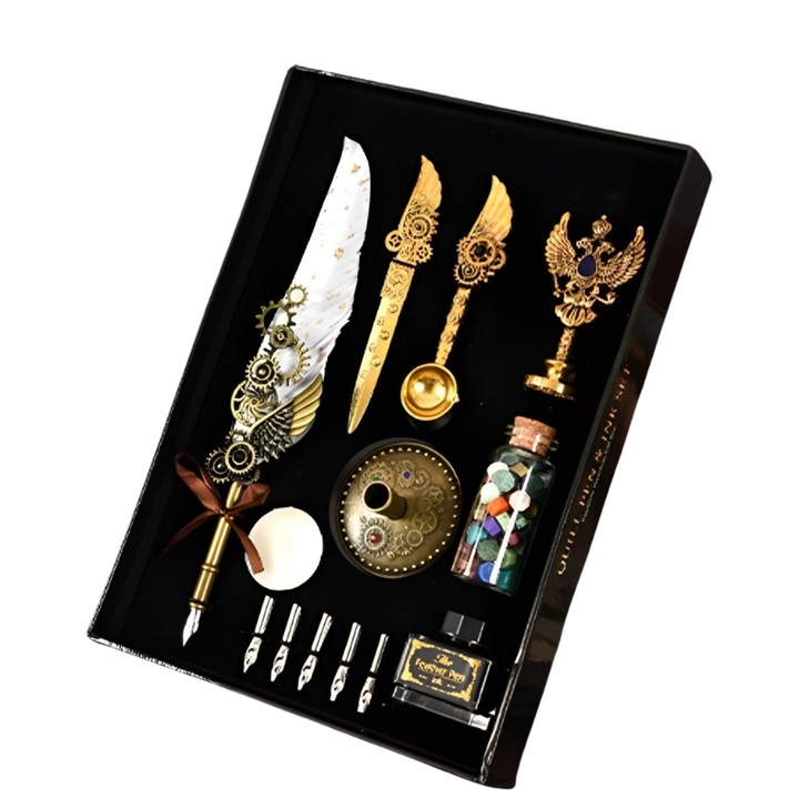 Set Elegant de scris, cu Pana alba si Accesorii Vintage, 29 x 21 x 4 cm, un kit complet care aduce un omagiu rafinamentului si elegantei de alta data