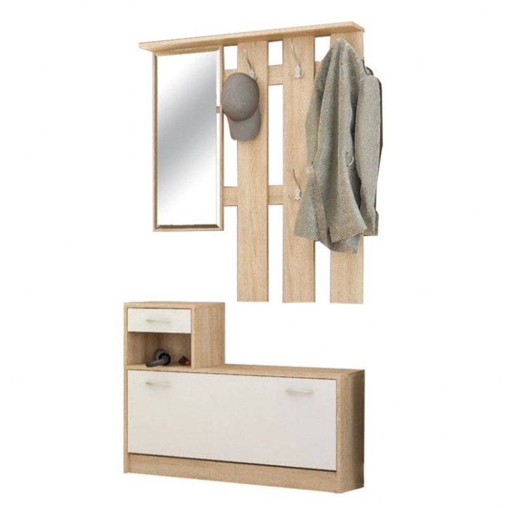 Folyosói akasztó cipőtartóval Jamie modell, fehér/natúr, 100x27,5x187 cm