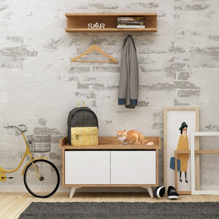 Cuier hol cu dulap Model Arasso, Stejar/Alb, 90x35x60 cm