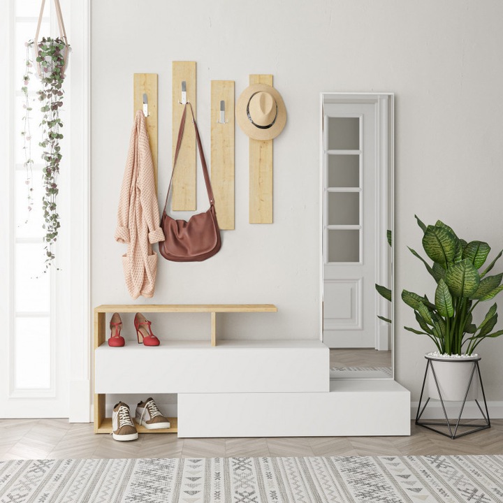 Előszoba fogas gardróbbal Ramda modell, fehér/tölgy, 137x35x54,5 cm