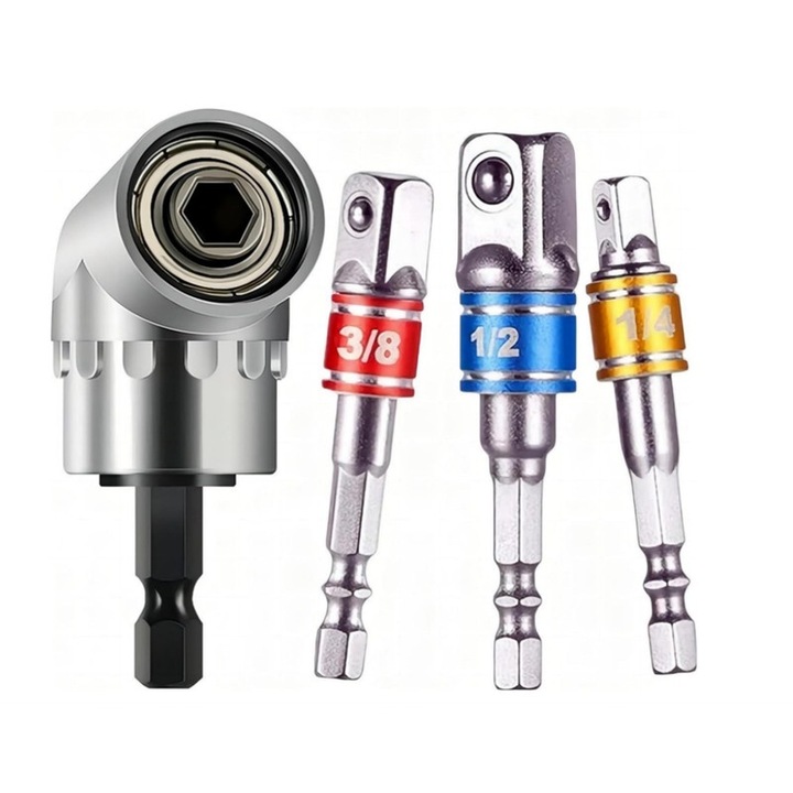 Комплект аксесоари за пробиване и завинтване Yakumuz от 4, 105° адаптер под прав ъгъл, магнитен удължител, хром ванадий, многоцветен