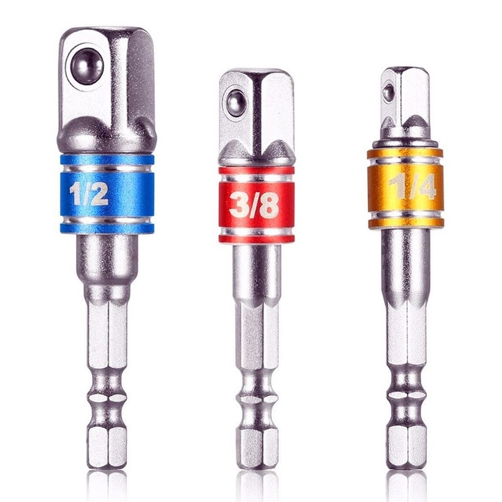 Set 3 adaptori prindere Yakumuz, 1/4" 3/8" 1/2", hex shank, otel Cr-V