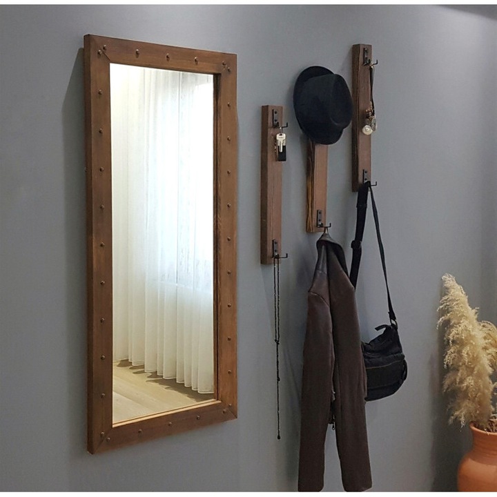 Cuier cu oglinda Model Hunter, Nuc, 68x6x110 cm