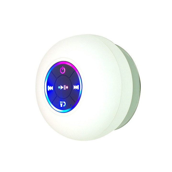 Vezeték nélküli hordozható hangszóró tapadókoronggal, IPX4, Bluetooth 5.0, fehér, 8,5x8,5x6,5 cm