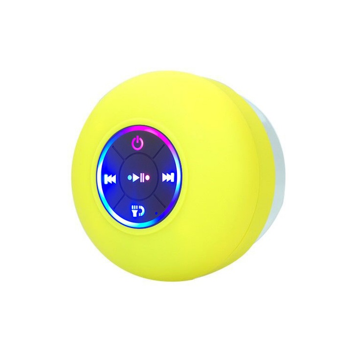 Vezeték nélküli hordozható hangszóró tapadókoronggal, IPX4 vízállóság, Bluetooth 5.0, sárga, 8,5x8,5x6,5 cm