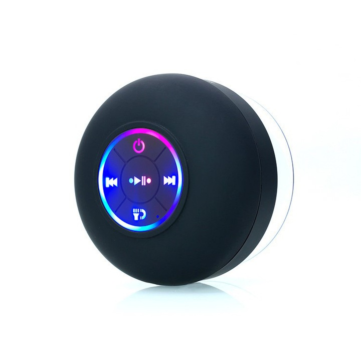 Vezeték nélküli hordozható hangszóró tapadókoronggal, IPX4 vízállóság, Bluetooth 5.0, fekete, 8,5x8,5x6,5 cm