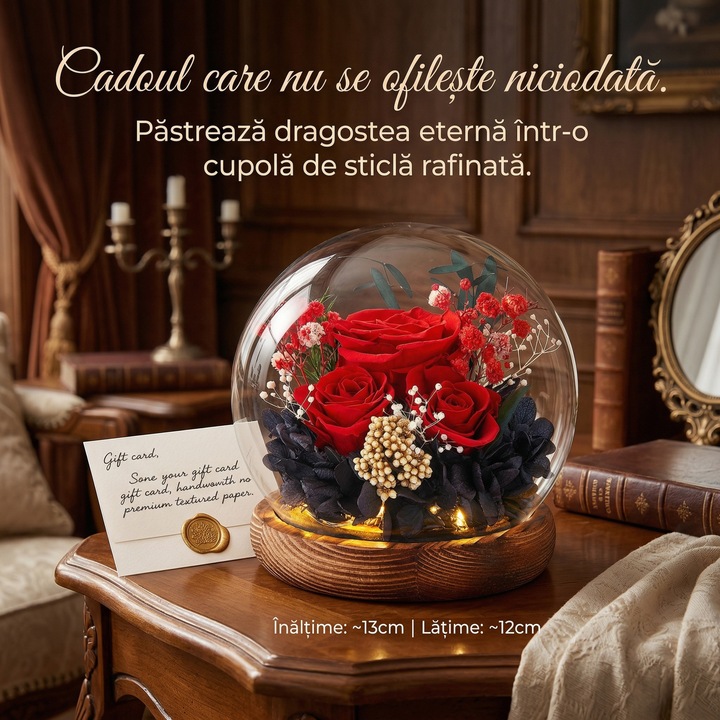 Set Trandafir etern in cupola de sticla, Excitat®, Flori conservate, Baza din lemn masiv, Iluminare LED, se pastreaza 3-5 ani, Cutie cadou, 13×13×13 cm, Rosu