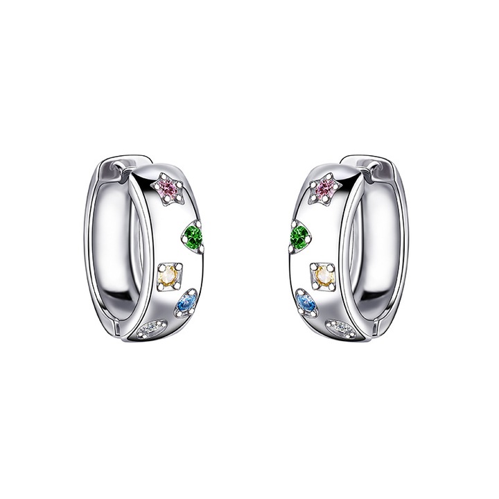 Cercei dama cu stea din zirconiu colorat, oval hoop, argintiu