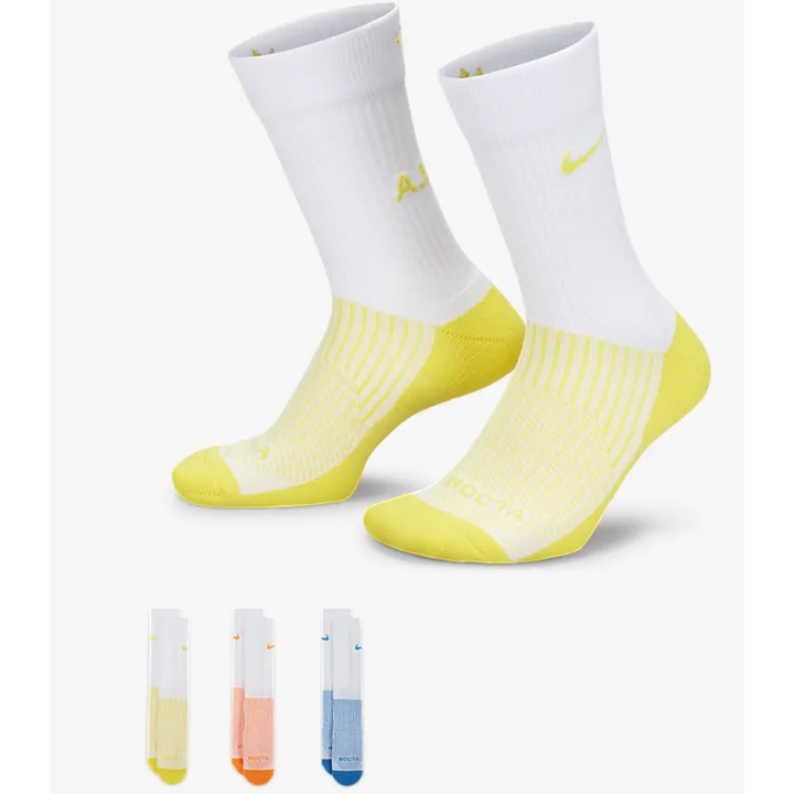 Спортни чорапи Nike mid-calf (3 чифта) са изработени от полиестер с оребрен маншет, подплатена дизайнерска пета и плетена NOCTA, бели.DD9240-100, Жълт