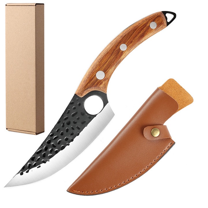 Cutit Japonez profesional, Hggzeg, Forjat manual, Universal, Full tang, Antiaderent, Taiere Usoara, De dezosat, Filetat, Maner lemn maro, Husa din piele ecologica inclusa, Din otel inoxidabil, 27.2x5.3 cm