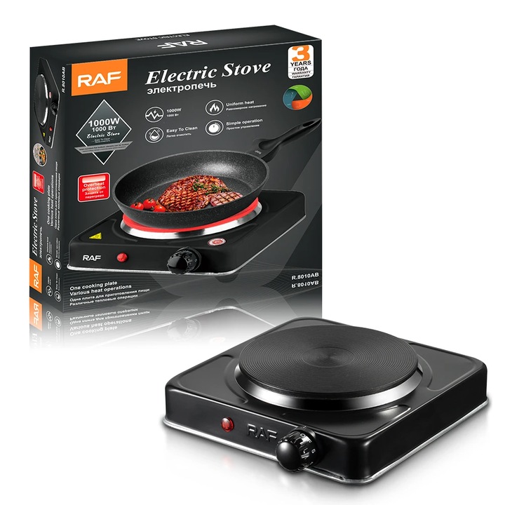 R.8010 elektromos főzőlap, hőmérséklet-szabályozással és túlmelegedés elleni védelemmel, 1000W