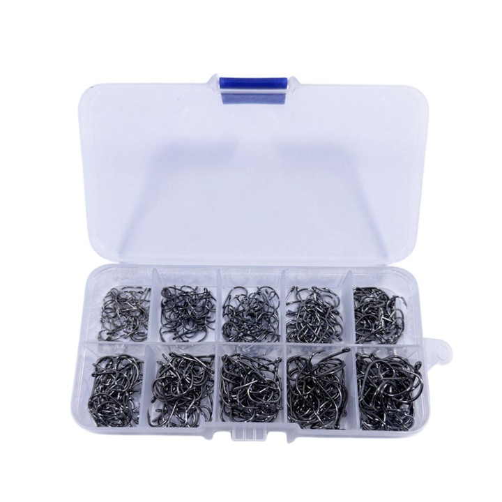 400 db-os szénacél horgászhorog készlet, rozsdaálló, 10 méret (3#-12#), hordozható, fekete