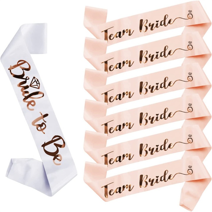 Set 7 panglici petrecere burlacite, Charmorah, satin, 160x9.5cm, Alb/Sampanie