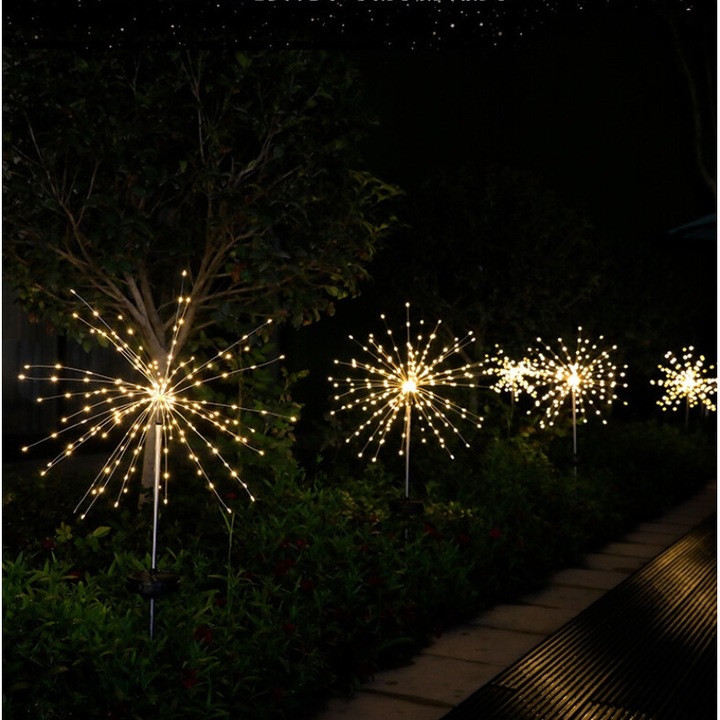 Декоративна соларна градинска лампа, Charmorah, Firework 200 LED Light, 8 режима на осветяване, 600mAh, 100cm, Ефекти, IP65, Топло бяло