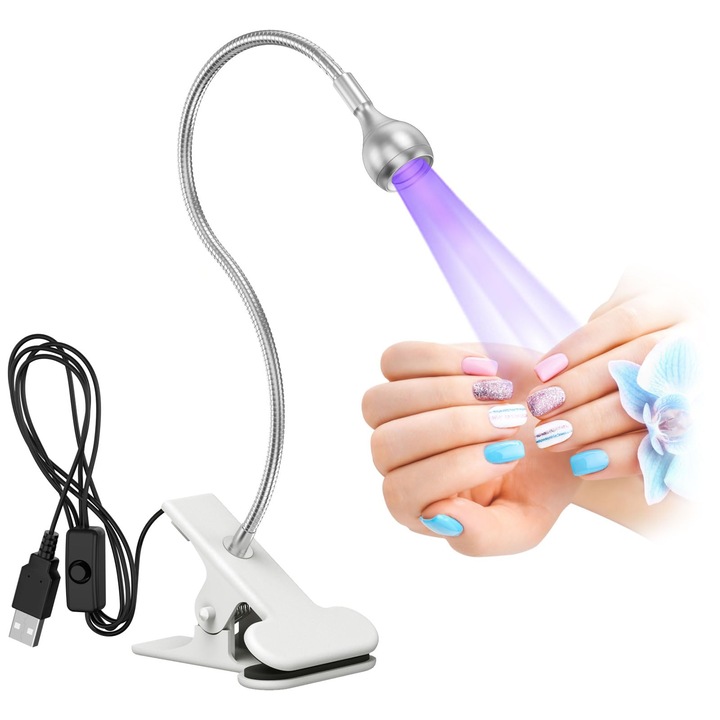 Lampa UV/LED mini Fast Lamp, OEMG®, cablu USB, portabila, pentru manichiura si pedichiura, flexibila, pliabila, culoare Alb/Argintiu