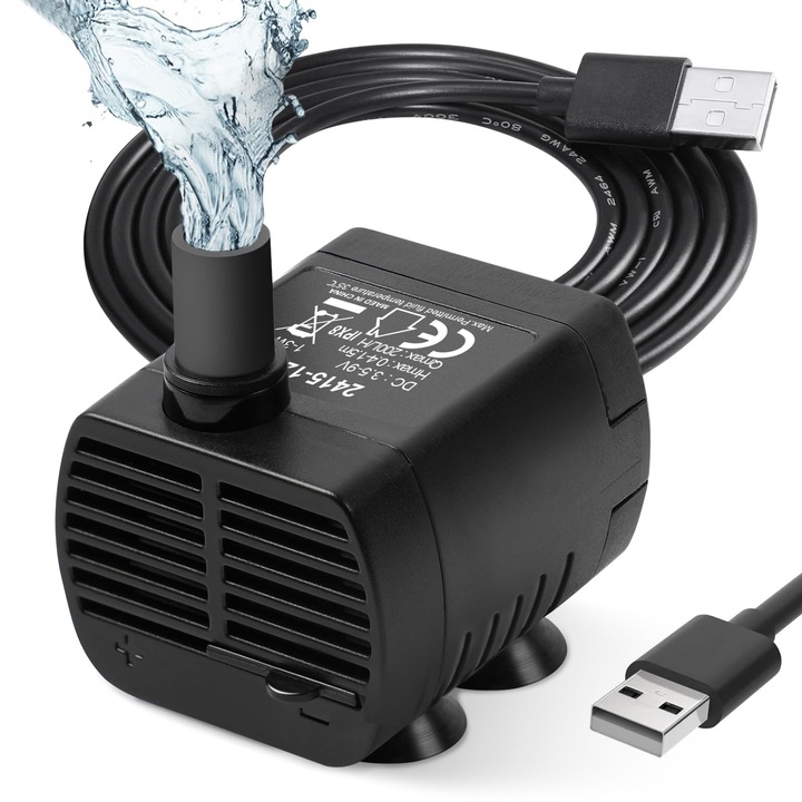 Потопяема мини помпа 220v, водоустойчивост IP68, OEMG®, 200 l/h 3W, USB, повдигане 3m, 5.5x3.5cm, черна