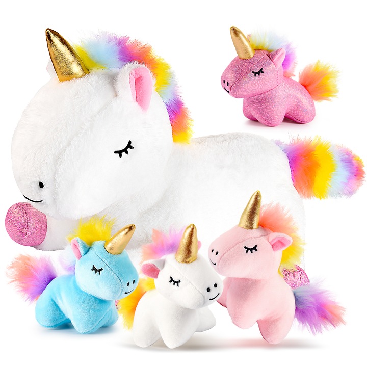 Set jucarii de plus ATOPDREAM, Unicorn cu 4 pui, Multicolor, 3ani+