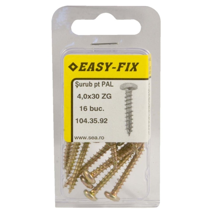 Surub pentru PAL / lemn, cu cap bombat, amprenta cruce, Easy-Fix, otel, zincat galben, 4 x 30 mm, set 16 bucati
