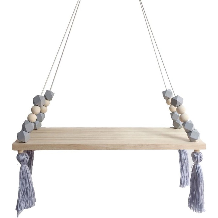 Fából készült akasztós polc, AMRINUGL, szürke, 38x14x1cm, 10 kg alatti teherbírás, bojtokkal