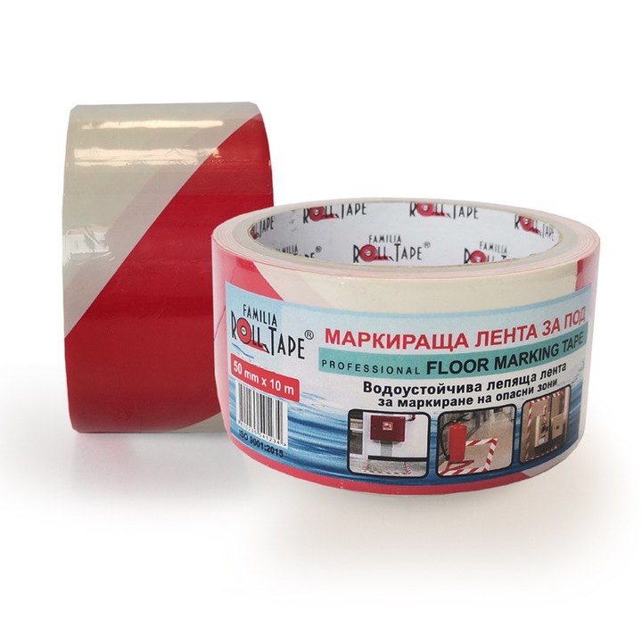 Banda de marcat pentru podea Familia Roll Tape, 50mmx10m, Alb-rosu, Cu adeziv