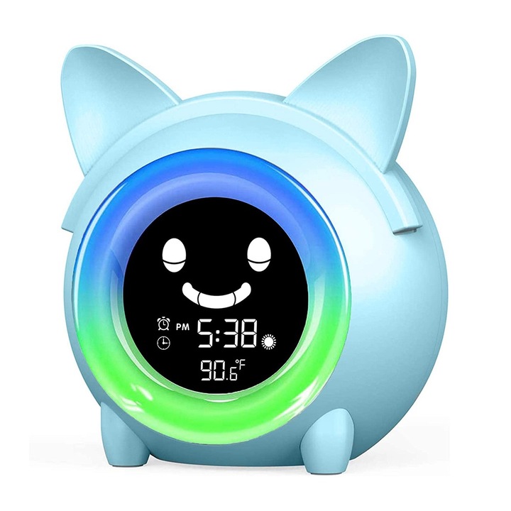 Ceas desteptator pentru copii, multifunctional, albastru deschis, 120x92x125mm, lumini si sunete