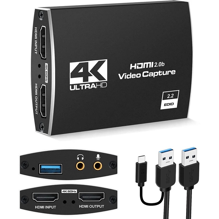 HDMI 4K Video Capture kártya USB 3.0 Staryon® csatlakozóval, HDMI bemenet 4K/60Hz, kimenet USB 1080P/60Hz, kompatibilis OBS, UVC/UAC, Plug & Play, mikrofon- és fejhallgató kimenet, kompatibilis Windows, Linux, Mac OS, fekete