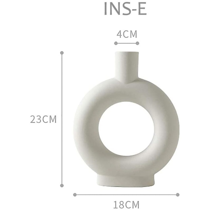 Vaza decorativa din ceramica, AMRINUGL, design gol, forma de donut, finisaj mat, alb laptos