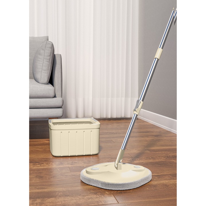 Set mop rotativ cu doua rezerve Dreamramp, culoare bej, Galeata patrata, doua compartimente pentru apa curata si murdara, robinet de scurgere a apei, consum redus de apa