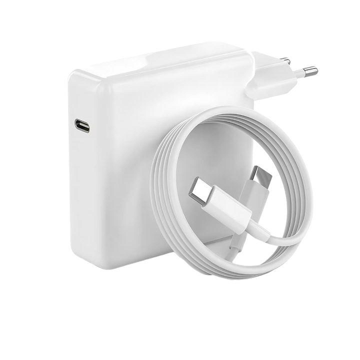 Kit Incarcator retea 70W USB-C compatibil Apple pentru iPhone 15, 14, 13, 12, iPad pro, MacBook, cablu de incarcare USB-C-C inclus 67W, 2m