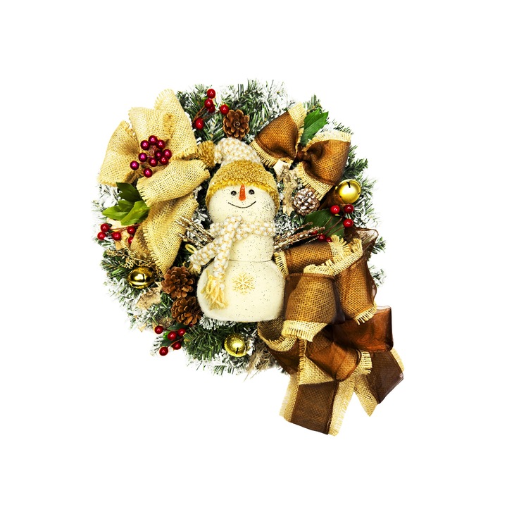 Coroana de Craciun artificiala decorata verde SNOWMAN 45 cm pentru masa si agatat