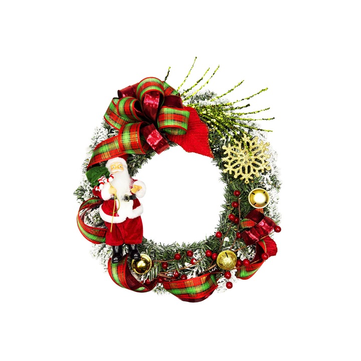 Coronita de Craciun artificiala decorata verde Coronita SANTA 45 cm pentru masa si agatat