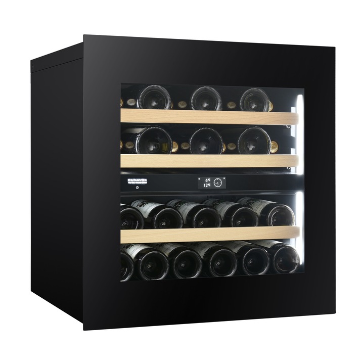 Racitor de vin Dunavox DVN-25.65DB.TO Noble, 25 sticle, 2 zone de temperatura, Clasa energetica F, Afisaj TFT touch screen, Sticla neagra, Wifi + Smart App