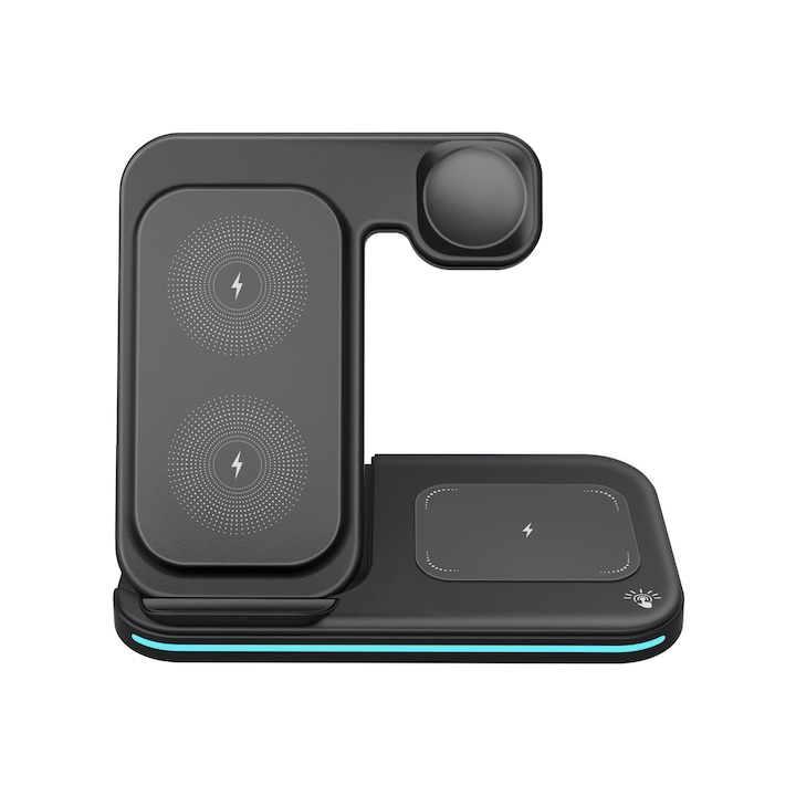 Statie de incarcare wireless 3-in-1, incarcare rapida, telefon, ceas, casti, compatibila iPhone, Apple Watch, AirPods, stand multifunctional pentru birou si calatorii, Negru