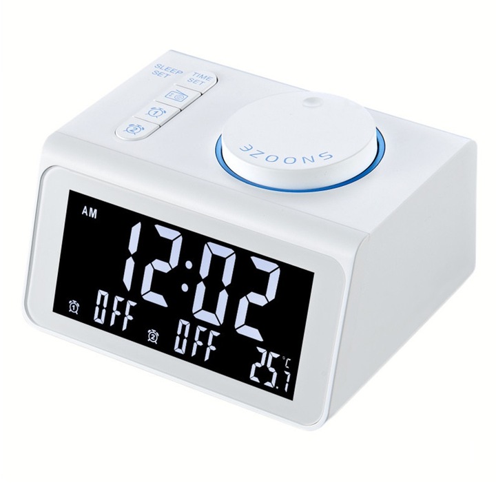 QttvbTna digitális ébresztőóra, FM rádió, kettős USB, 5 fényerő