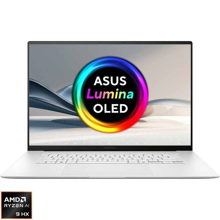 Laptop ASUS Zenbook S OLED UM5606WA cu procesor AMD Ryzen™ AI 9 HX 370 pana la 5.1 GHz, 16'', 3K, OLED, 120Hz, Touch, 32GB LPDDR5X, 2TB SSD, AMD Radeon™ 890M Graphics, Windows 11 Pro, Scandinavian White