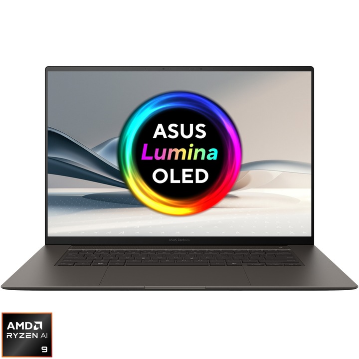 Laptop ASUS Zenbook S OLED UM5606WA cu procesor AMD Ryzen™ AI 9 365 pana la 5.0 GHz, 16'', 3K, OLED, 120Hz, 24GB LPDDR5X, 1TB SSD, AMD Radeon™ 880M Graphics, Windows 11 Pro, Zumaia Gray