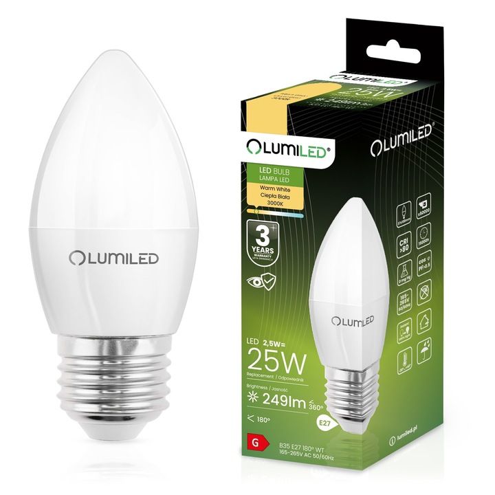 Bec LED Clasic Lumiled, 2.5W echivalent 25W, Lumina Calda, 10x3.5cm