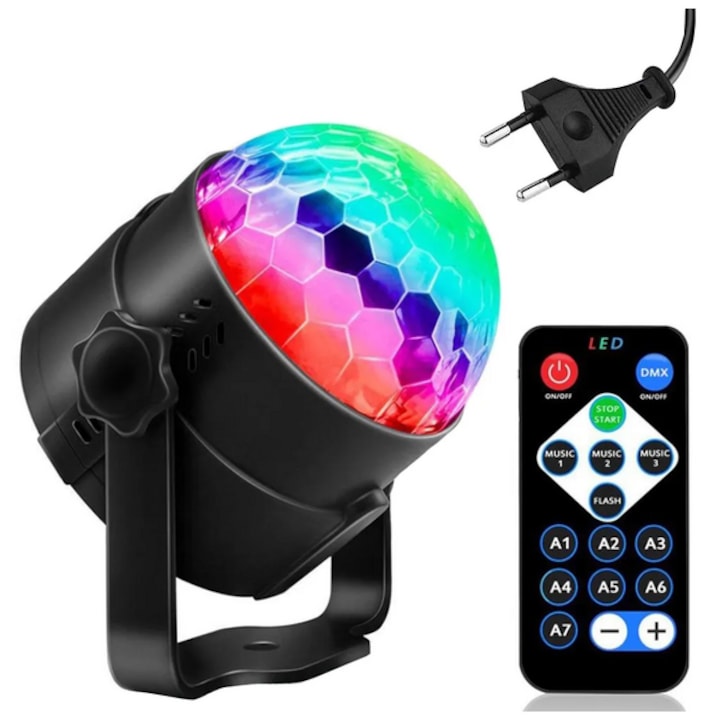 LED beltéri disco lámpa, partyfény távirányítóval, hálózati csatlakozó, fekete, 10x95x8, 5 cm